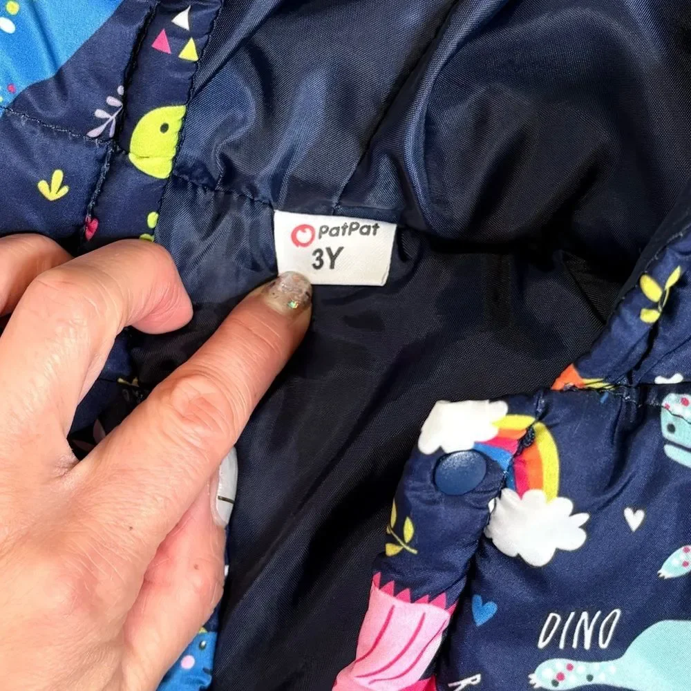 Patpat Dinosaur Rainbow Print Puffer Jacket Kids Size 3 Years Hooded Ears Unisex